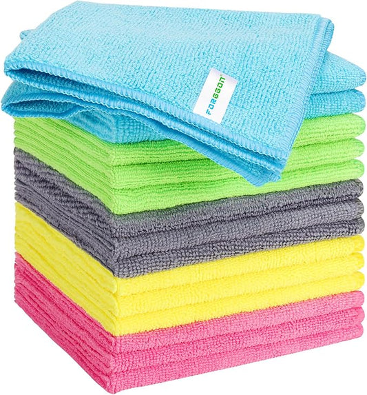 Microfiber Cleaning Cloth, Pack of 15, Lint Free, Absorbent, Streak Free, Non-Abrasive, Reusable and Washable，Cleaning Towels with 5 Color Assorted,11.5"X11.5"(Green/Blue/Yellow/Pink/Grey)