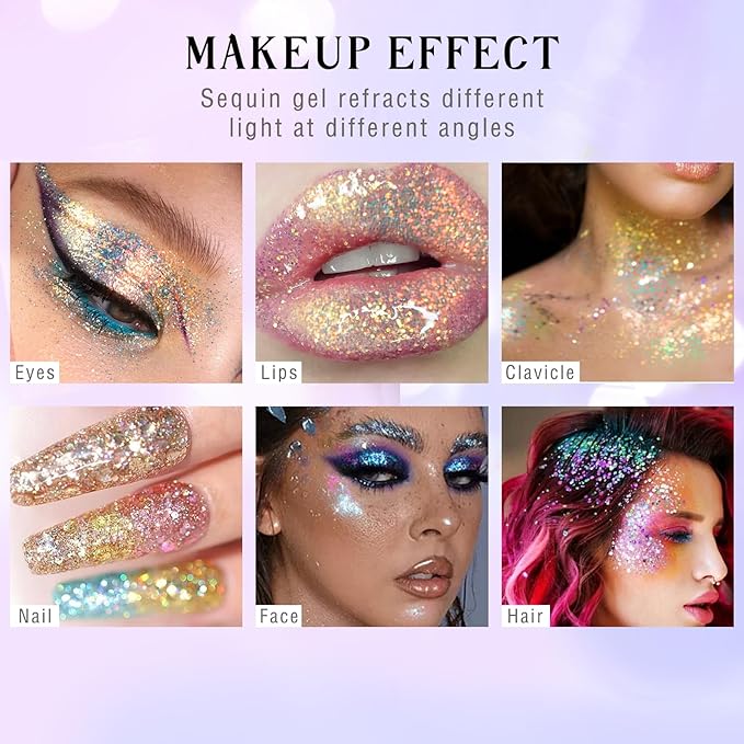 Roll-on Holographic Body Glitter Gel for Face Hair, Chameleon Color Changing Glitter Gel Under Light, Chunky Mermaid Sequins Festival Party Rave Accessories Shimmer Makeup (12# Sparkling Blue)