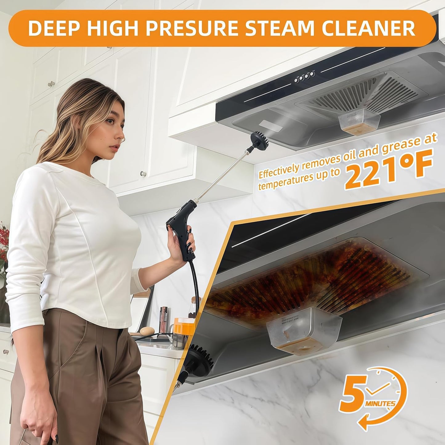 Handheld Pressurized Steam Cleaner， 6-Level Adjustable Handle 20s Heat-Up Big Tank, Portable Steamer for Cleaning Stubborn Dirt Grease Tile Grout Floor Car (Black/Yellow)