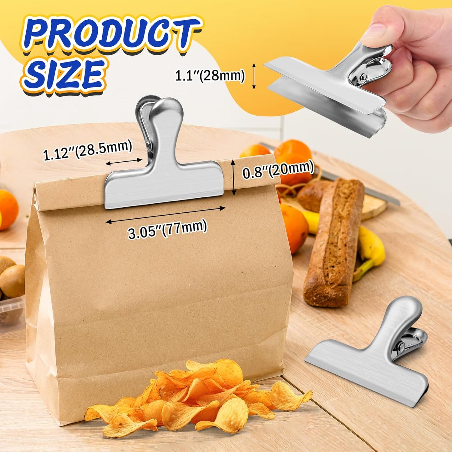 VNDUEEY 24 Pack Stainless Steel Chip Clips, Bag Clips for Food, Heavy Duty Snack Clip Clip to Seal Coffee Bags, Ideal for Office Kitchen Use, Binder Clips Large - 3 Inches, Silver