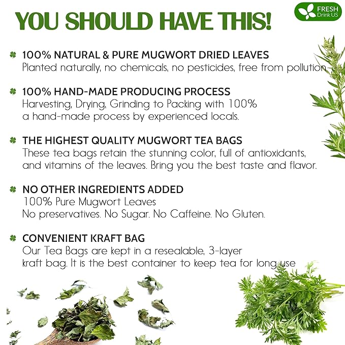 FreshDrinkUS, Premium 45 Mugwort Leaf Tea Bags, 100% Natural and Pure Mugwort Leaves. Loose Leaf Mugwort Herbal Tea. Mugwort Leaf Tea. No Sugar, No Caffeine, No Gluten, Vegan. (45 Tea Bags)
