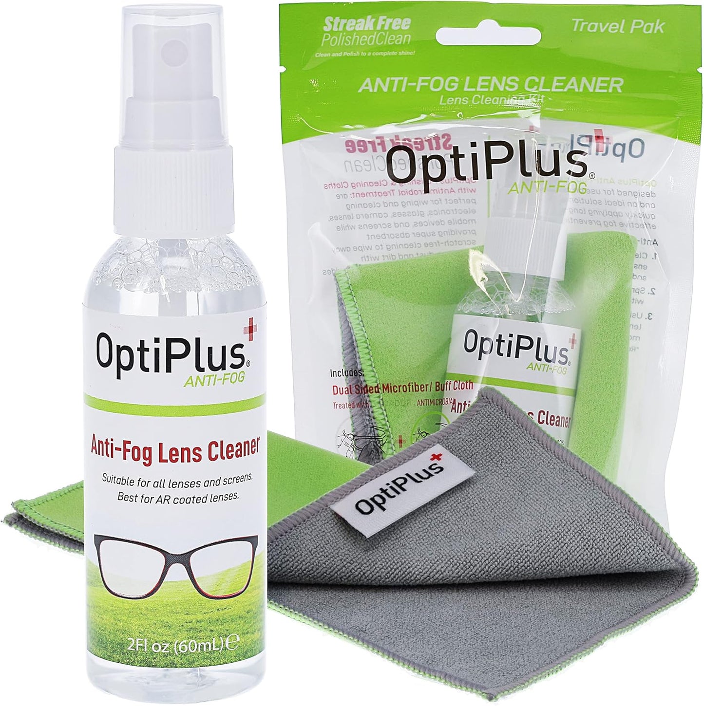 OptiPlus Anti-Fog Lens Cleaning Spray and Dual Microfiber Cloth | Streak-Free Cleaner and Defogging Spray for Glasses, Laptops Screens, Smart Phones, Optical Lens, Goggles, and Watch Screen l 2oz