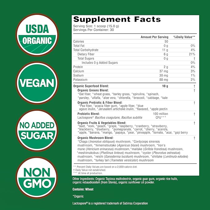 Country Farms Super Greens Natural Flavor, 50 Organic Super Foods, USDA Organic Drink Mix (Wheat Grass, Spirulina, Chlorella) Mushrooms & Probiotics, Fiber, Gut Health, Natural Energy, 30 Servings