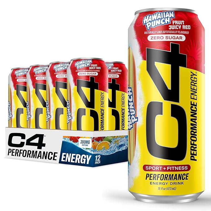 C4 Energy Drink, Hawaiian Punch Fruit Juicy Red, Carbonated Sugar Free Pre Workout Performance Drink with no Artificial Colors or Dyes, 16oz Pack of 12
