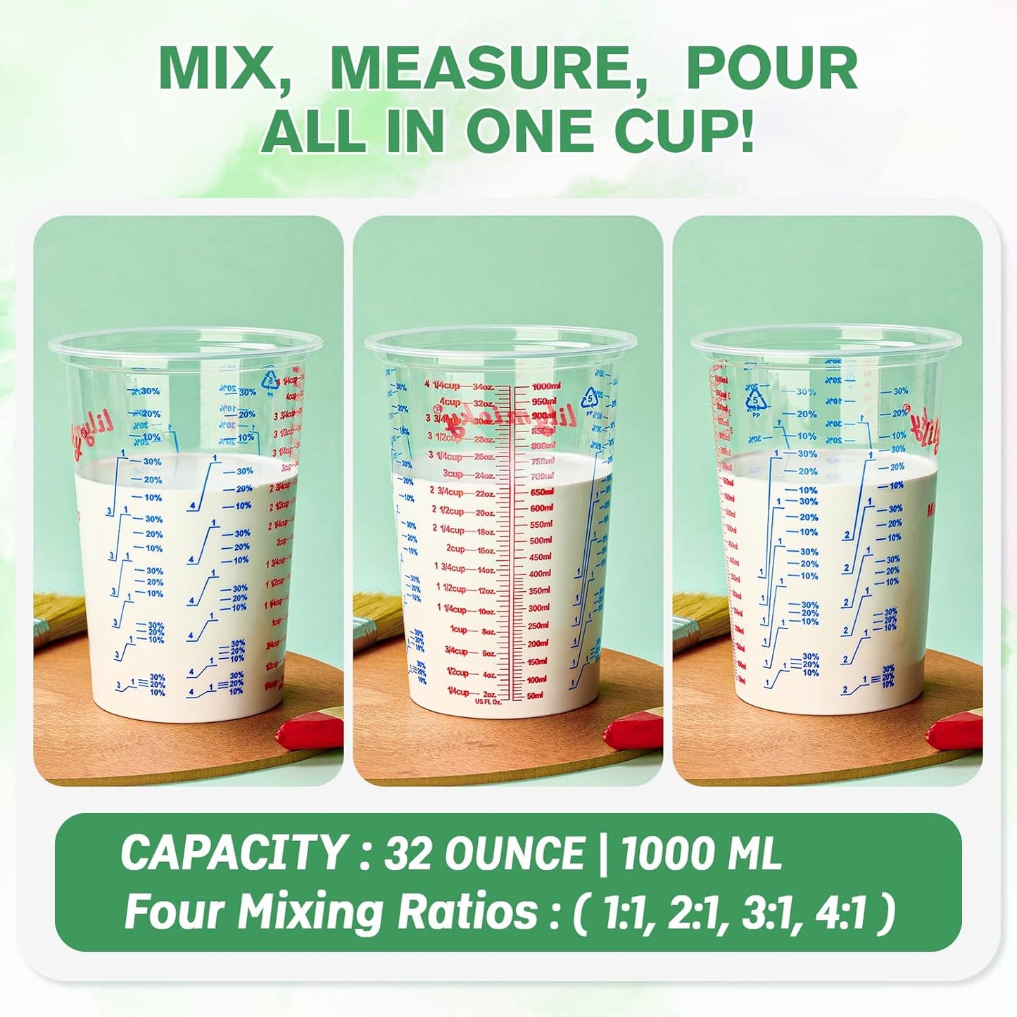 50 PACK Plastic Measuring Cups, 32 oz (1000ml) Disposable Mixing Cups, Measurement ratios: 2:1, 3:1, 4:1, Perfect for Epoxy Resin, Paint Mixing, Art DIY