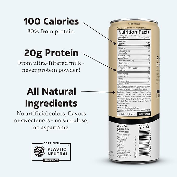 Slate Milk - High Protein Iced Coffee - Vanilla Latte - 175mg Caffeine, Lactose Free Energy - 20g Protein, 1g Sugar, 100 Calories, 1g Net Carbs, No Sugar Added - Protein Coffee - 11 fl oz, 12 Cans