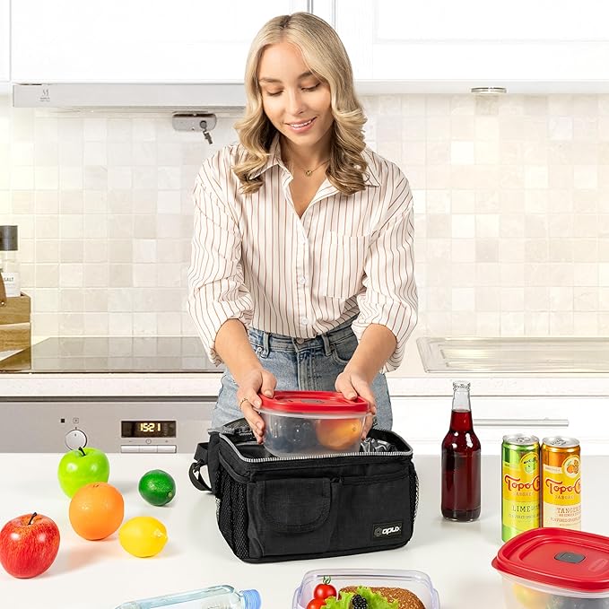 opux Lunch Box for Men, Adult Lunch Box Cooler, Insulated Lunch Bag Women, Dual Compartment Lunchbox for Work, Leakproof Double Decker Lunch Bag, Soft Lunch Pail Tote Boys Girls Kids School, Black