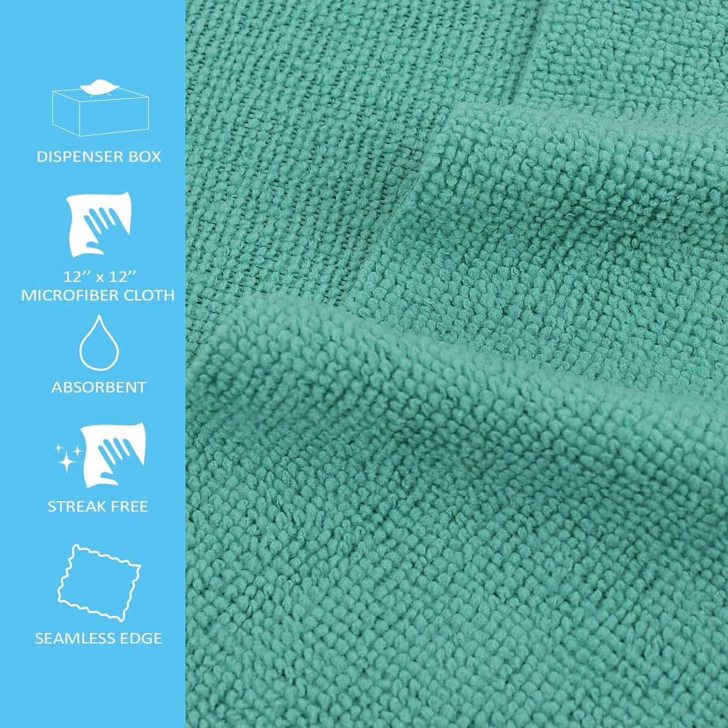 Tricol Clean Profesional Resuable Lint Free Microfiber Edgeless Cleaning Cloth 50PK Cleaning Rags,Absorbent Microfiber Wipes in Dispenser Box for Housekeeping, Car Cleaning（12 * 12 Inches）（ Green 1）