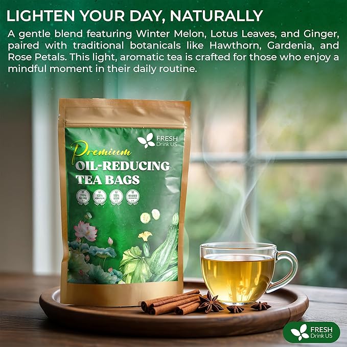 FreshDrinkUS, Oil-Reducing Herbal Tea – 75 Tea Bags | Blend of Winter Melon, Lotus Leaf, Ginger, Hawthorn, Gardenia Fruit, Rose, Cassia Seed & More | Naturally Caffeine-Free | Delicious Hot or Iced