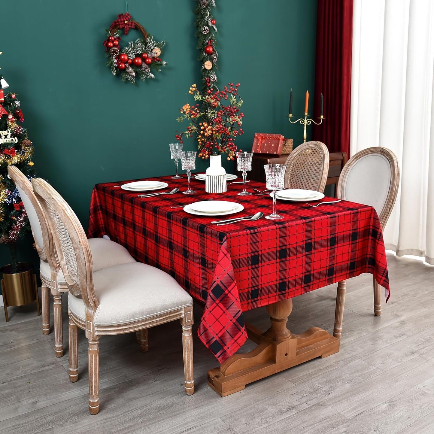 Classic Gingham Buffalo Xmas Tablecloth Fabric - Oblong 58x144 Inch Water Proof Checkered Table Cloth for Indoor Outdoor - Red Christmas Plaid Table Cover for Christmas, Holiday, New Year