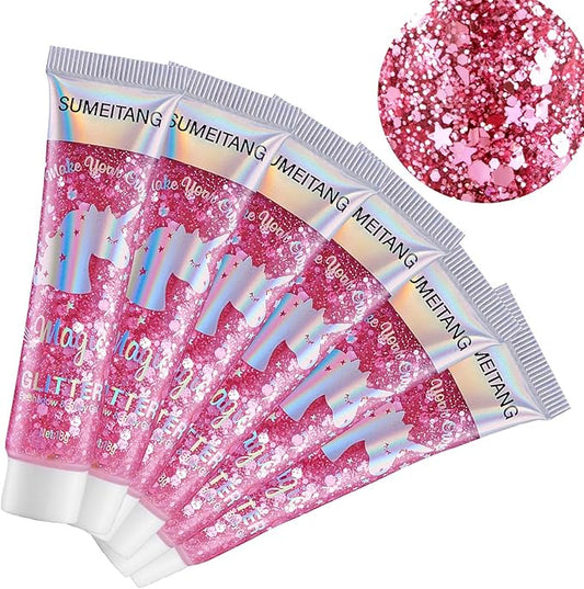 6PCS Pink Face Body Glitter Gel，Mermaid Holographic Sequins Chunky Glitter Paint for Party Singer Concerts Music Festival Rave Accessories for Girls Women Face Body Hair Sparkling Makeup