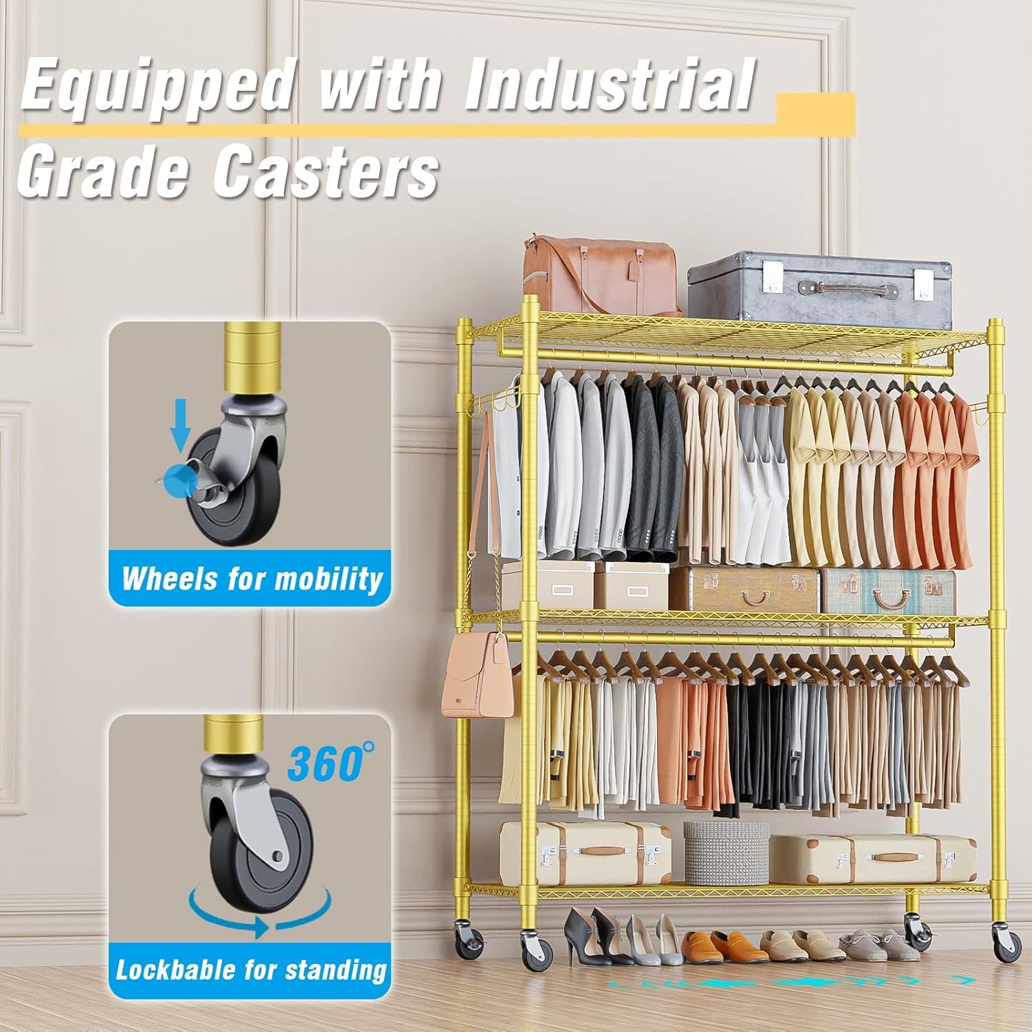 Homdox Gold Heavy Duty Clothes Rack with Wheels, 3-Tier Rolling Metal Garment Organizer with Double Hanging Rods & Hooks, Freestanding Portable Closet, 17.72" D x 47.24" W x 80.71" H