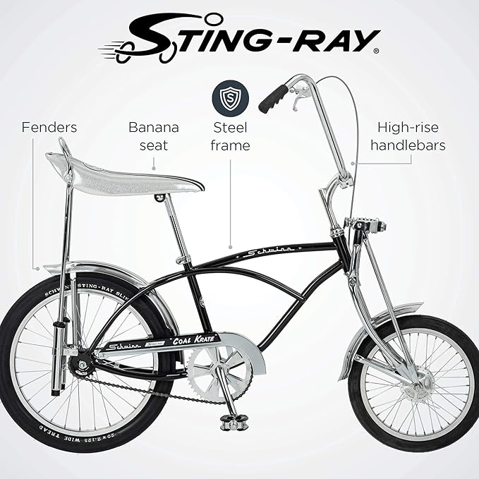 Schwinn Krate Classic Sting-Ray Bike, 20 Inch Bike for Kids or Adults, Steel Frame & Springer Fork, Fenders, Single Speed, Coaster Brake, Grey Ghost, Lemon Peeler, Coal, Grape, Orange or Apple