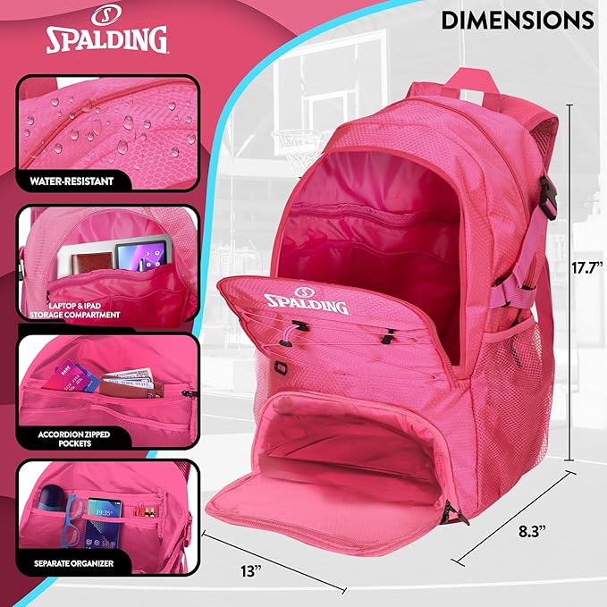 Spalding Basketball Backpack Sports Bag, Pink Backpack with Ball and Shoe Compartment, Use for Basketballs Accessories & Stuff, Basketball Gifts for Players, Pink