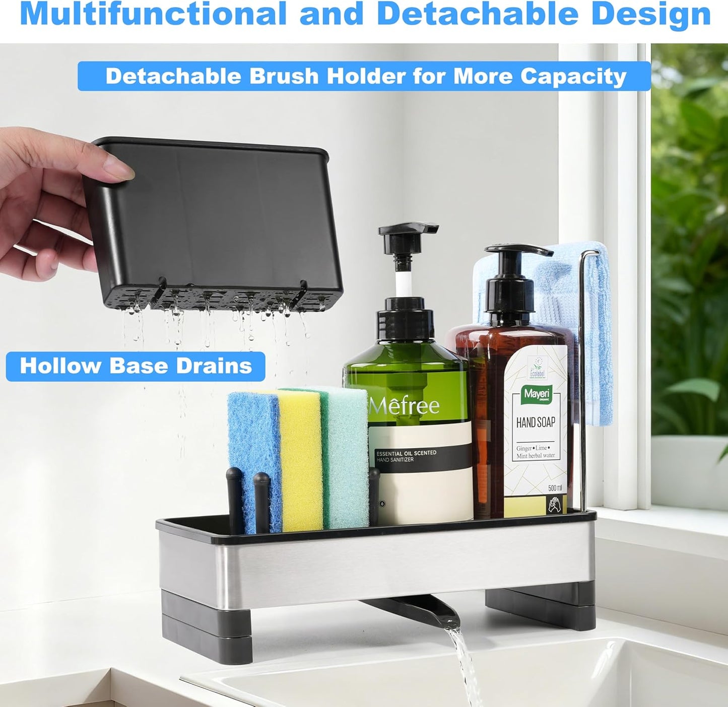 Stainless Steel Sponge Holder for Kitchen Sink Caddy Organizer Rack for Dish Brush Holder, Soap Dispenser and Wash Cloth with Rustproof Auto Drain Tray for Bathroom Countertop Storage
