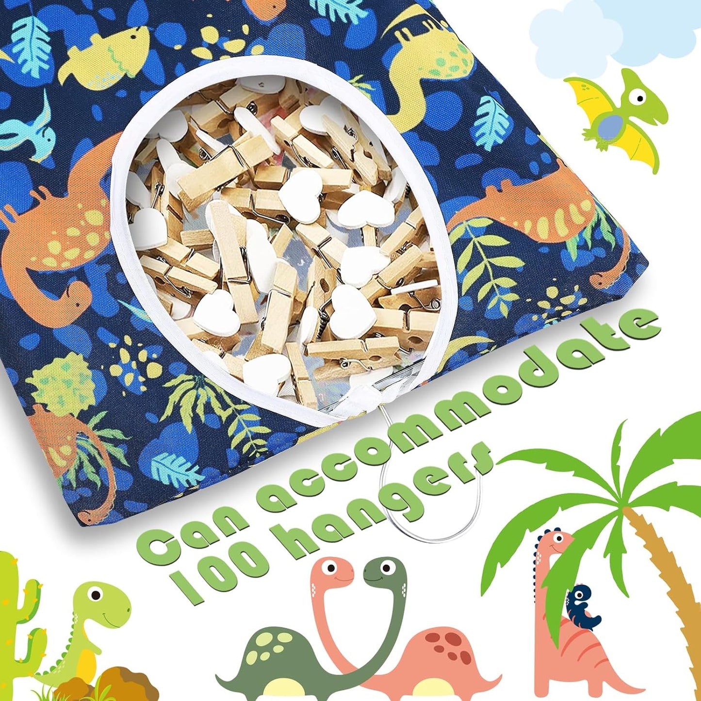 2 Pcs Dinosaurs Clothespin Holder - 15 X 11 Inch Clothes Pin Hanging Bag for Clothesline, Outdoor, Laundry Room and Wardrobe