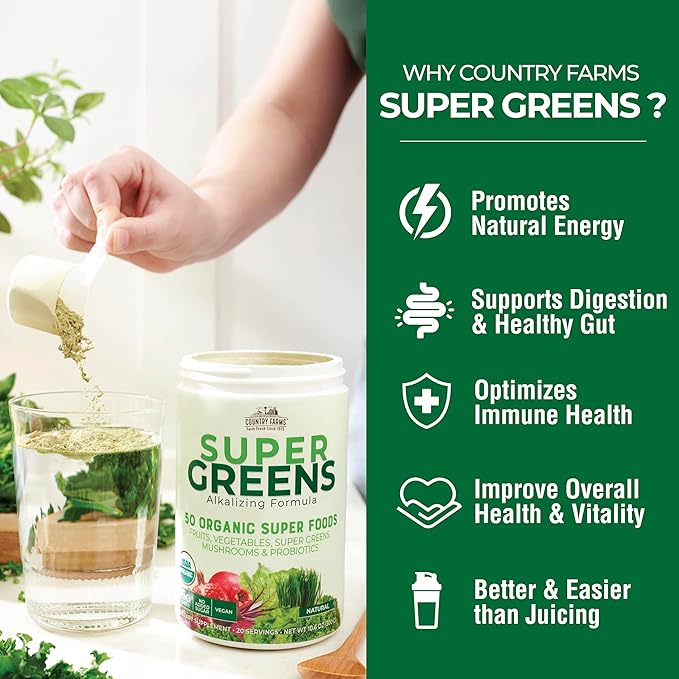 COUNTRY FARMS Super Greens Natural Flavor, 50 Organic Super Foods, USDA Organic Drink Mix, Fruits, Vegetables, Super Greens, Mushrooms & Probiotics, Supports Energy, 20 Servings, 10.6 Oz