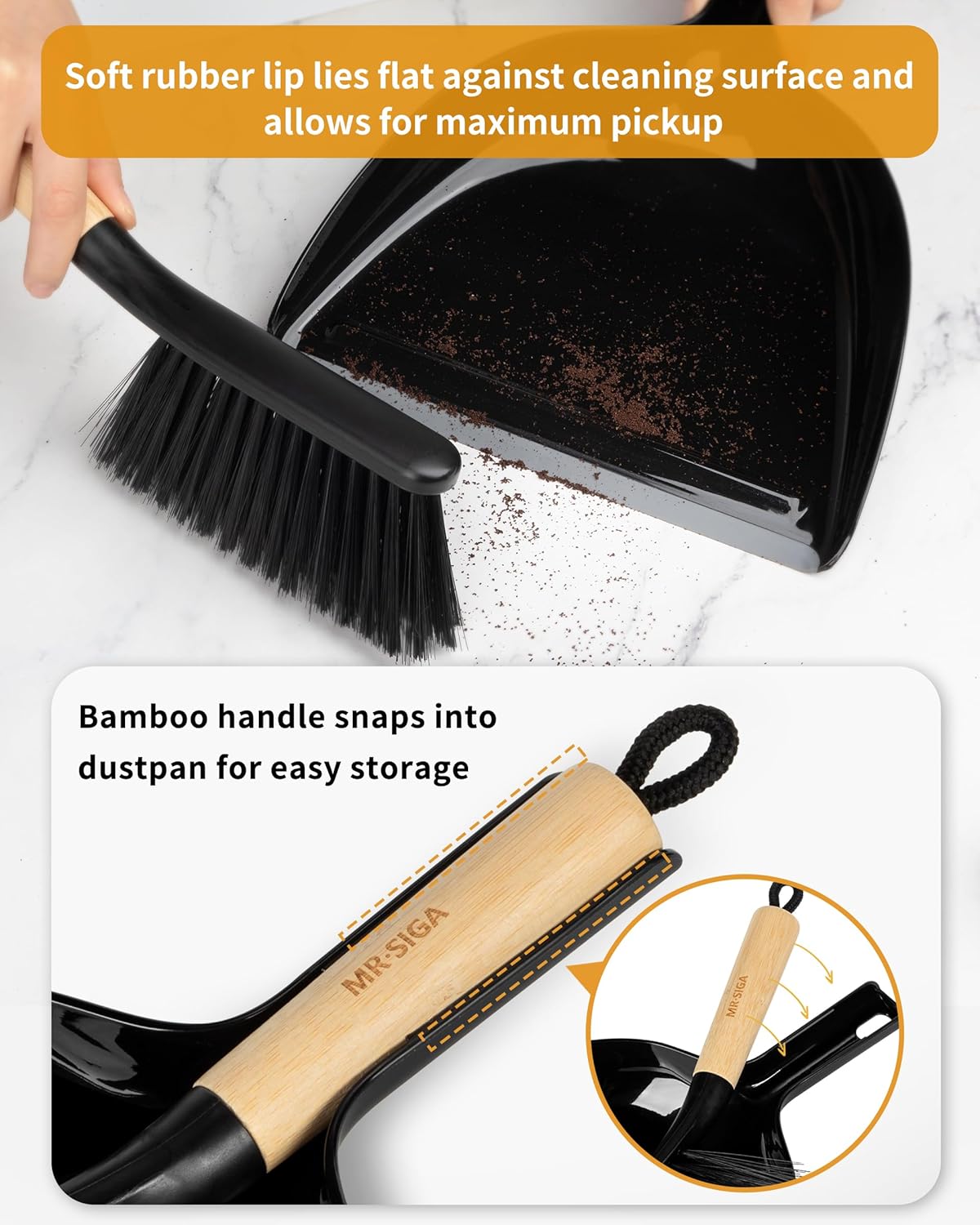 MR.SIGA Dustpan and Brush Set, Portable Cleaning Brush and Dustpan Combo with Bamboo Handle, Black, 1 Set