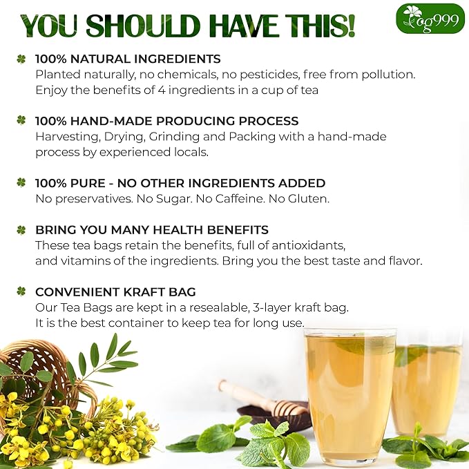 TOG999 60 Tea Bags Relieves Constipation Natural Tea, Blend of Senna Leaves - Peppermint - Licorice - Fennel, 100% Natural Ingrendients, Hand-made Herbal Tea, No Sugar, No Caffeine, No Gluten, Vegan.