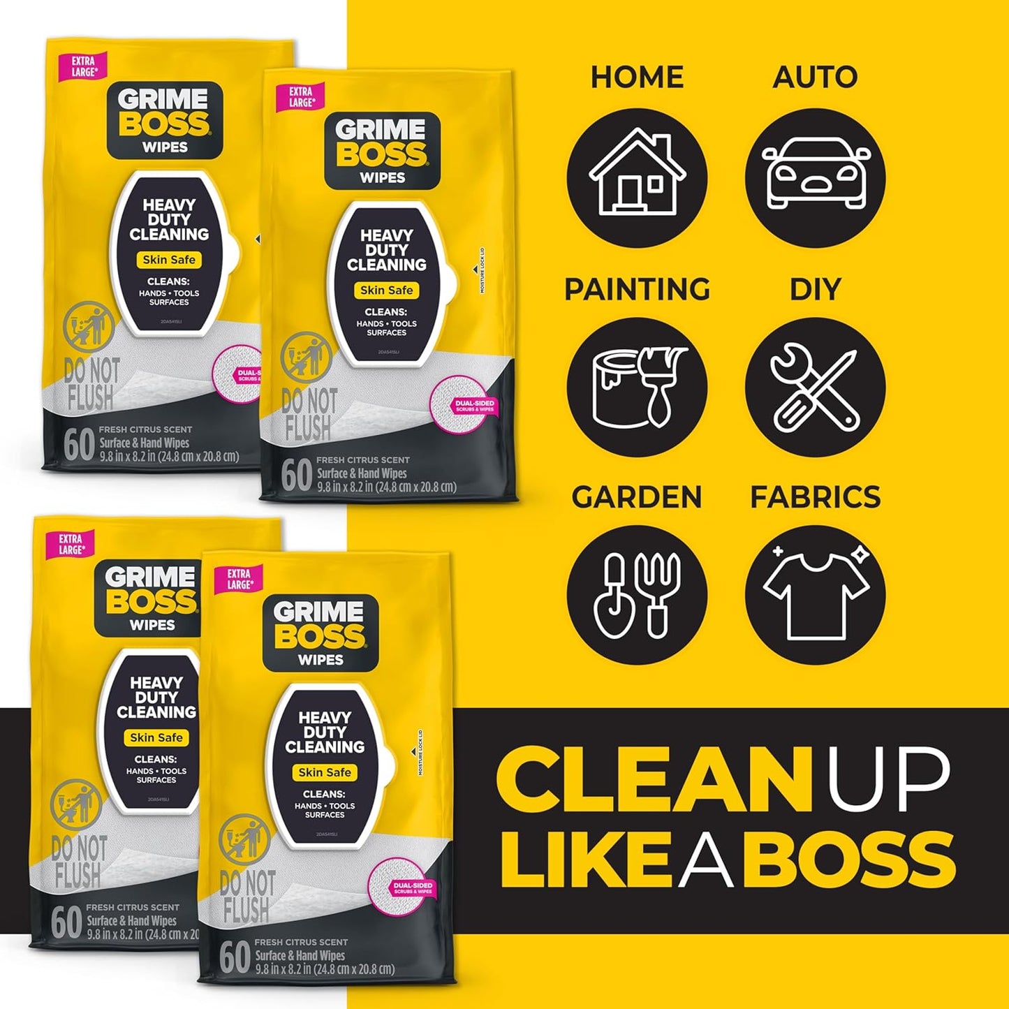 Grime Boss Heavy Duty Surface and Hand Wipes (4x60ct) | Wet Wipes Remove Paint, Oil, Grease, Adhesives, Mud, Dirt | Shop Wipes Replace Cleaners like Rags, Towels, Pumice, Soap