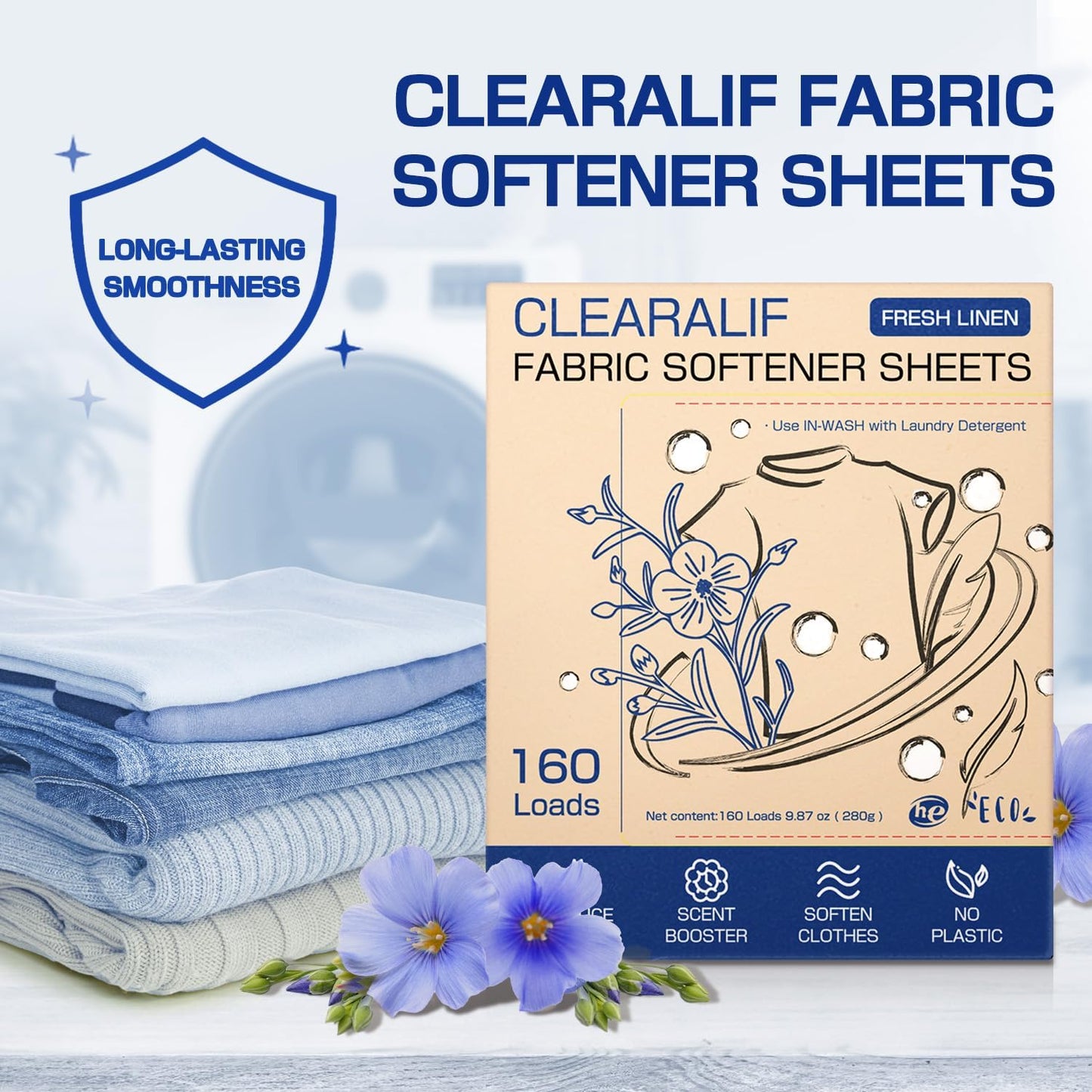 CLEARALIF laundry Fabric Softener Sheets, Fresh Linen Scent, 160 Loads, Eco Friendly, Great For Travel, Apartments, Dorms.