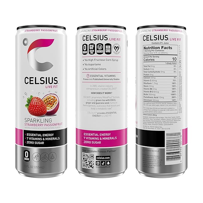CELSIUS Sparkling Strawberry Passionfruit, Sugar Free Energy Drink, 12 Fl Oz (Pack of 12)