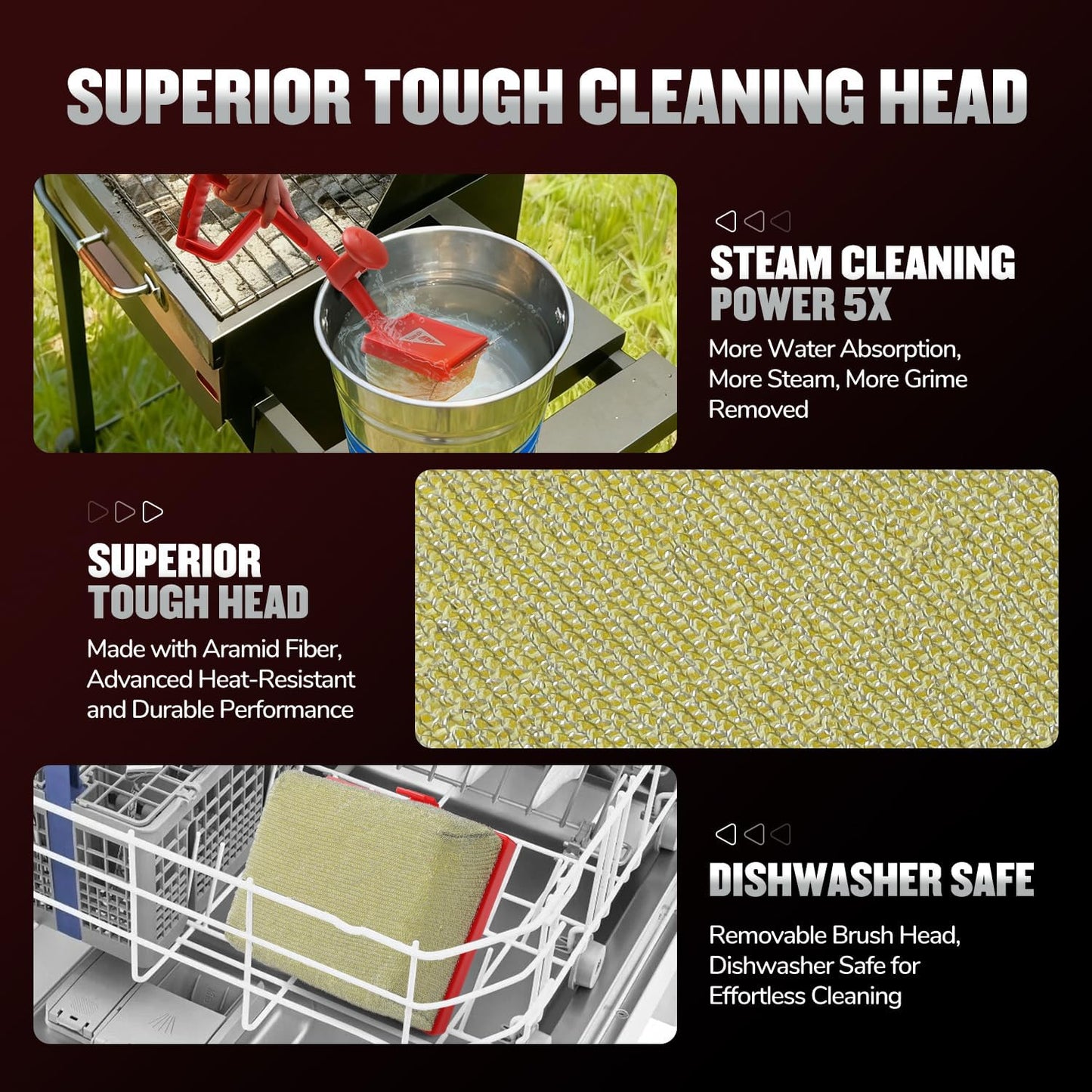 Grill Brush Cleaner for Outdoor, EEFINITE BBQ Steam Cleaning Grill Brushes with Replacement Scrub Sponge + Superior Scraper, Safe Bristles Free Barbecue Scrubbers Brush for Gas Charcoal Grates, Red