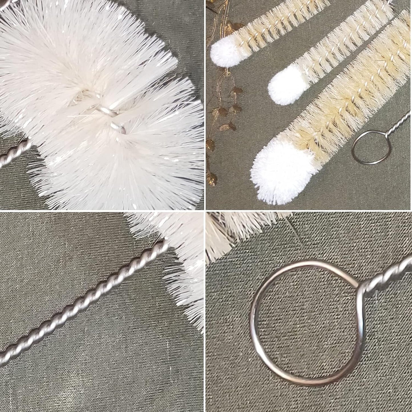 Coralpearl Bottle Brushes Thin Long Handle X 4, Skinny Wire Cleaner Set in Stainless Steel with Natural Boar Bristle at Wool Tip, Bendable Flexible for Cleaning Narrow Neck Bottles, Pipe, Tube, Hose