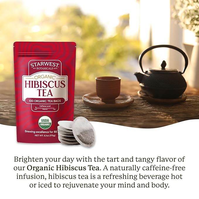 Starwest Botanicals Organic Hibiscus Tea - Caffeine Free Herbal Tea, Tea with Antioxidant Properties, String Free Sachets, USDA Organic Hibiscus Flower, Non GMO - Bulk Pack, 100 Tea Bags