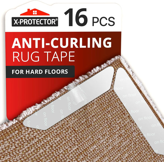 X-Protector Rug Tape - 16 Pcs Set - White Anti-Slip & Anti-Curling Carpet Tape for Hard Floors - Premium Rug Pad Gripper - Ideal Carpet Corner Grippers to Keep Your Carpet in Place & Make Corners Flat