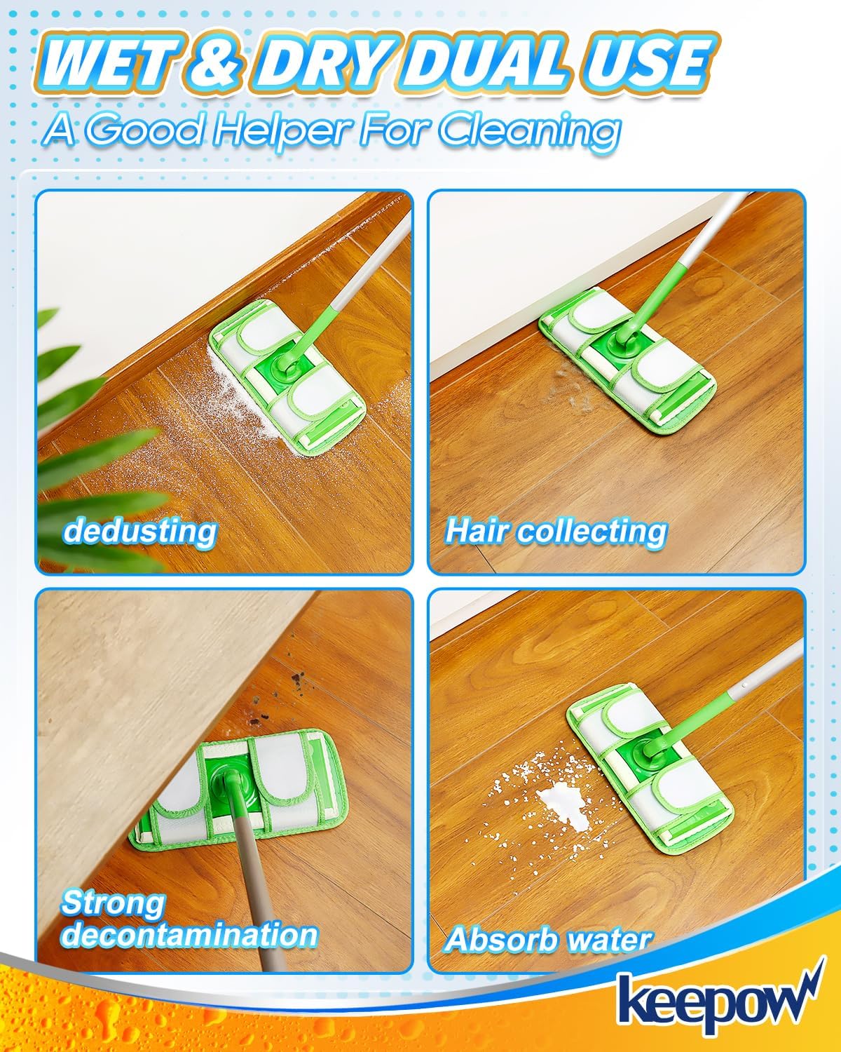 Keepow 6 Pack Reusable Mop Pads Refills Compatible with Swiffer Sweeper Microfiber Wet Mopping Cloths Dry Sweeping Floor Cleaning Mop Pad Refill Mop Head Replacements Part