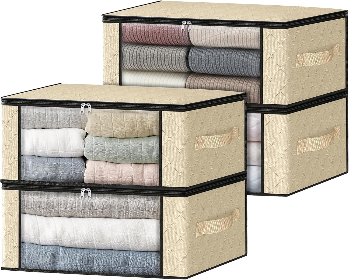 HomeHacks Storage 4-Pack Clothes Organizer Storage Bags Foldable Storage Box with Large Clear Window Sturdy Handles for Closet, Dorm, Pillows, Bedding, Clothes, Blankets, 35L, Beige