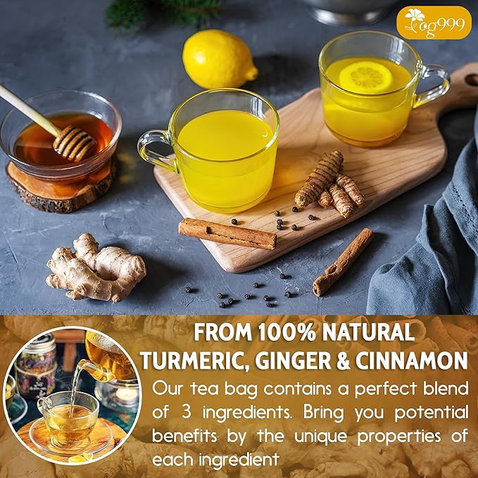 200 Bags Premium Turmeric Ginger Cinnamon Tea, Improve Digestion, Support Brain, Weight, Skin and Sleep, Eco-Conscious Tea Bags and Premium Natural Ingredients. Turmeric Ginger Herbal Tea. No Sugar, No Caffeine, No Gluten, Vegan.