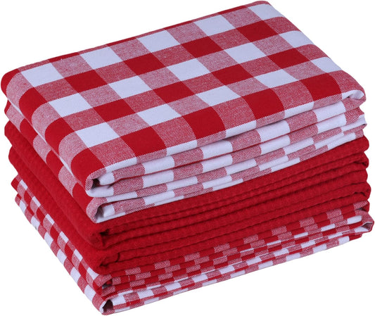 Kitchen Towels Set of 6 Soft Premium Cotton Highly Absorbent Dish Towels 18x28 Inches, Washable & Reusable Tea Towel, Quick Drying Dish Cloths with Hanging Loop - Red/White, Checks