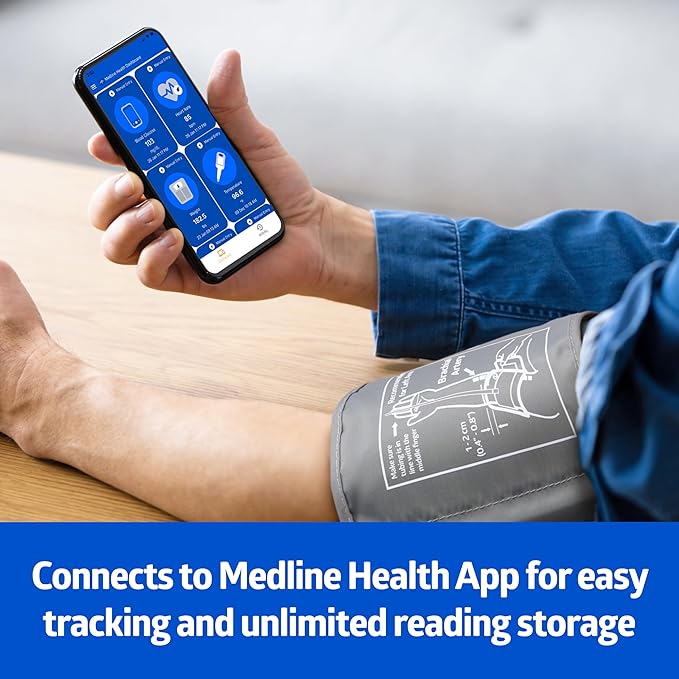 Medline Bluetooth Blood Pressure Monitor, Universal Upper Arm Cuff, Digital LCD Display, Health App Integration, Stores Up to 120 Readings, Carrying case and Batteries Included