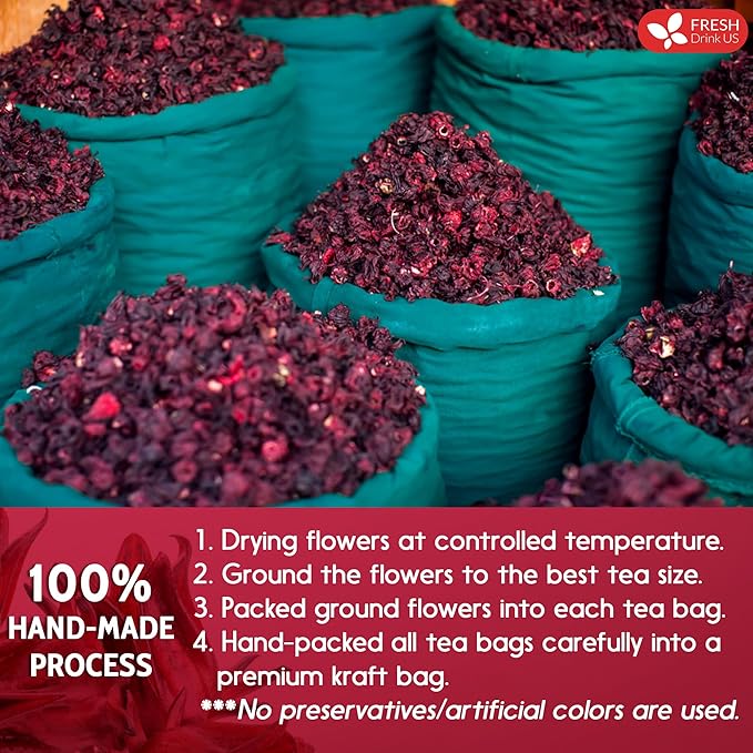 FreshDrinkUS Premium 40 Hibiscus Tea Bags, 100% Natural, Pure Hibiscus, Loose Flower Herbal Tea. No Sugar, No Caffeine, No Gluten, Vegan