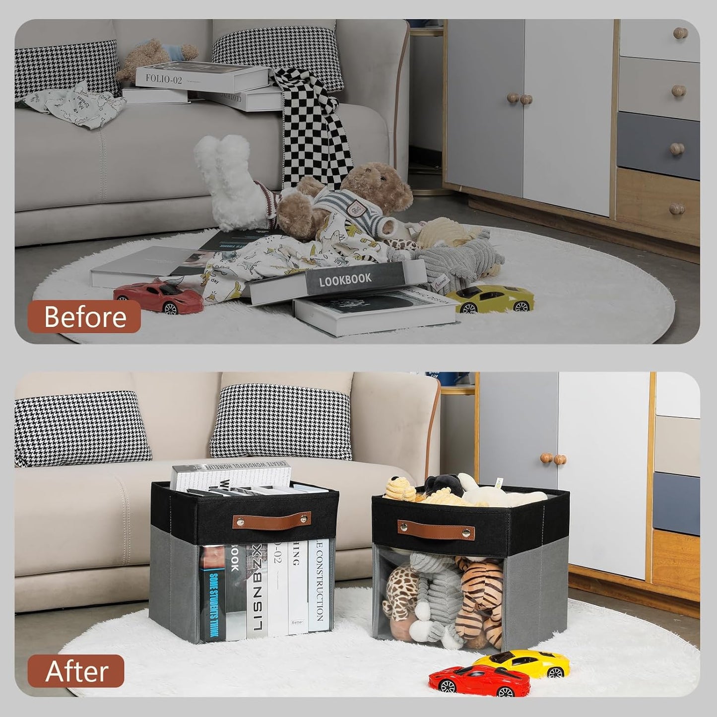 HNZIGE Cube Storage Bins 11 x 11, Fabric Cubes Storage Bins 11x11 Clear Storage Organizer,Canvas Storage Bin for Cube Storage, Cubby Collapsible Organizer Bin for Organizing Home(Gray Black 6PCS)