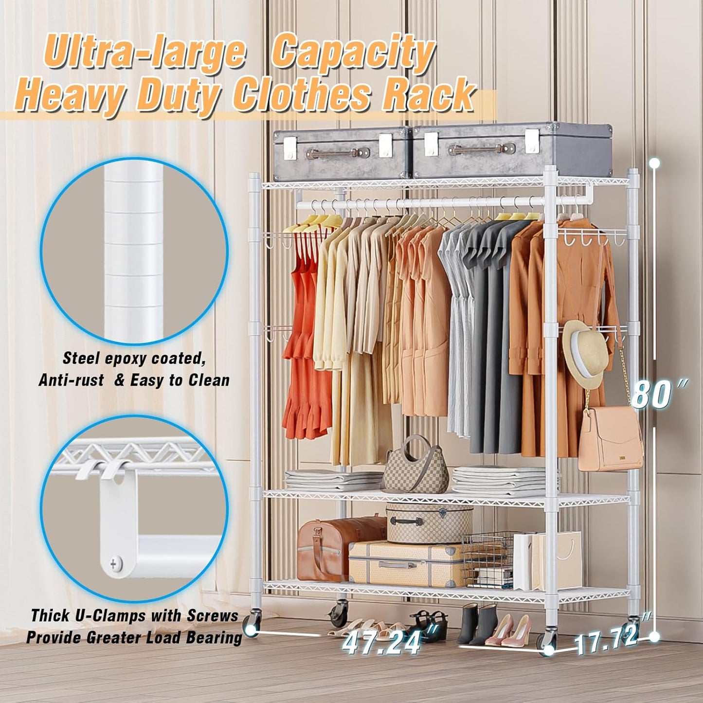 Homdox 3 Tier Garment Rack with Wheels, Portable Closets for Hanging Clothes Heavy Duty, Closet Racks and Shelving with Double Hanger Rods & Side Hooks, White