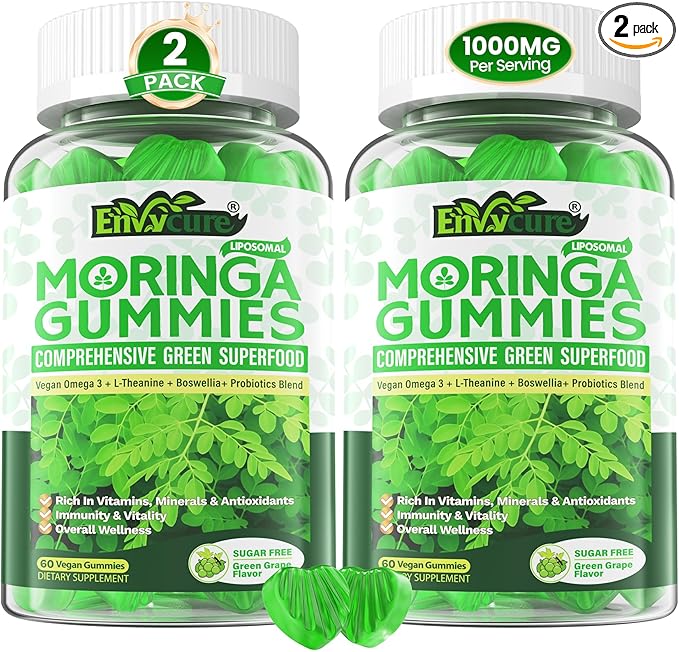 Organic Moringa Gummies 1000mg for Women Men, Liposomal Nutrient-Dense Pure Green Superfood, w/Vegan Omega-3, Boswellia, L-Theanine & Probiotic, for Energy, Focus, Antioxidants & Gut Health, 120Cts