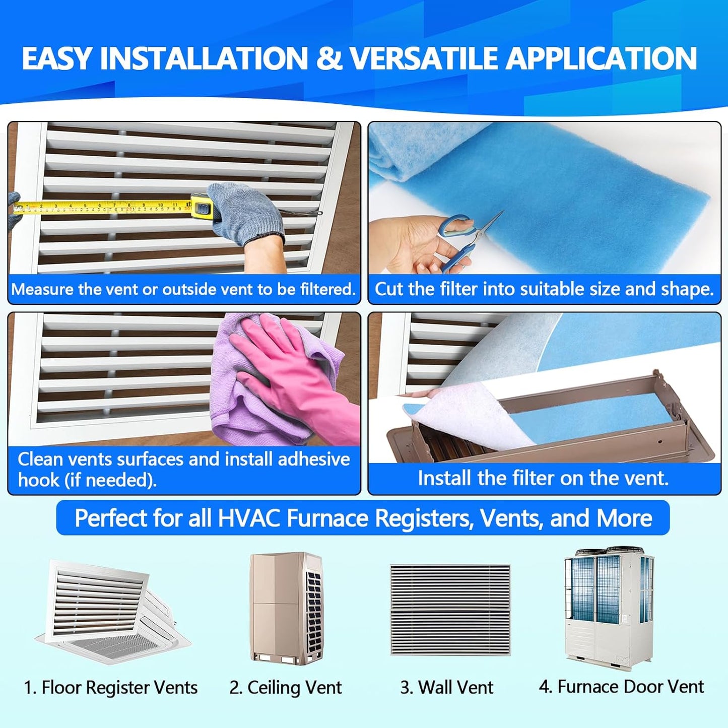 14" x140" Air Vent Filters, Cut to Fit Air Filter (65+ Filters), MERV 8 Triple Vent Filter for Home Floor, Ceiling, RV, HVAC Furnace Vents, With Adhesive Hook Tape and Installation Tape