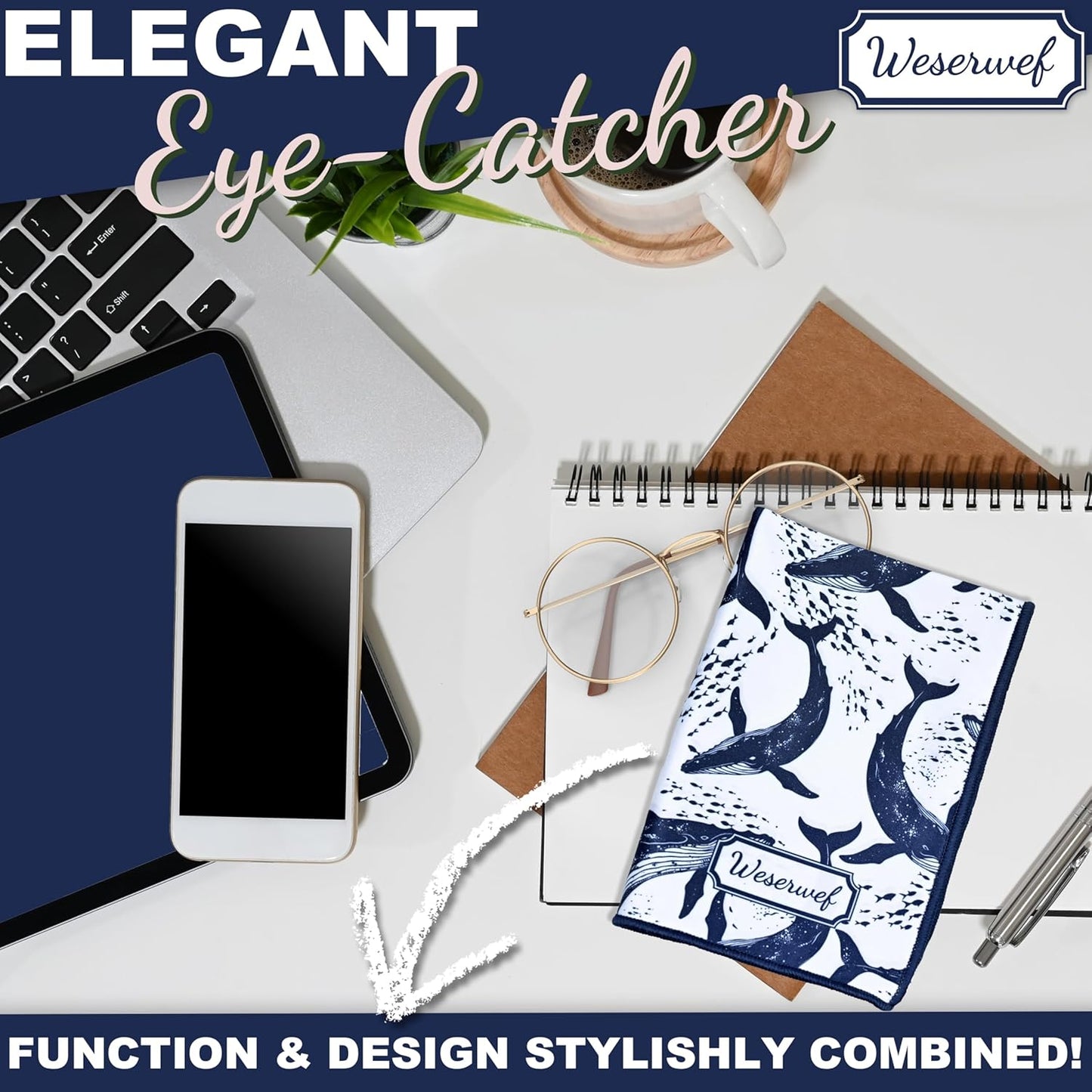 WESERWEF Design Microfiber Glasses Cleaning Cloth – Premium Cleaning Cloth for Eyeglasses, Screens, Tablets, Cameras & Lenses, 12" x 12", Ultra-Soft & Scratch-Free (Whales)