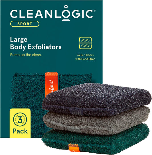 Cleanlogic Sport Exfoliating Body Scrubber, Large Exfoliator Tool for Athletes, Daily Skincare Routine for Smooth Clean Skin, Assorted Colors, 3 Count Value Pack