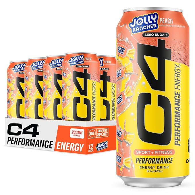 Cellucor C4 Performance Energy Drink | JOLLY RANCHER Peach | Zero Sugar Carbonated Preworkout Energy | 200mg Caffeine with Beta Alanine | 16 Fl Oz (12 Pack)