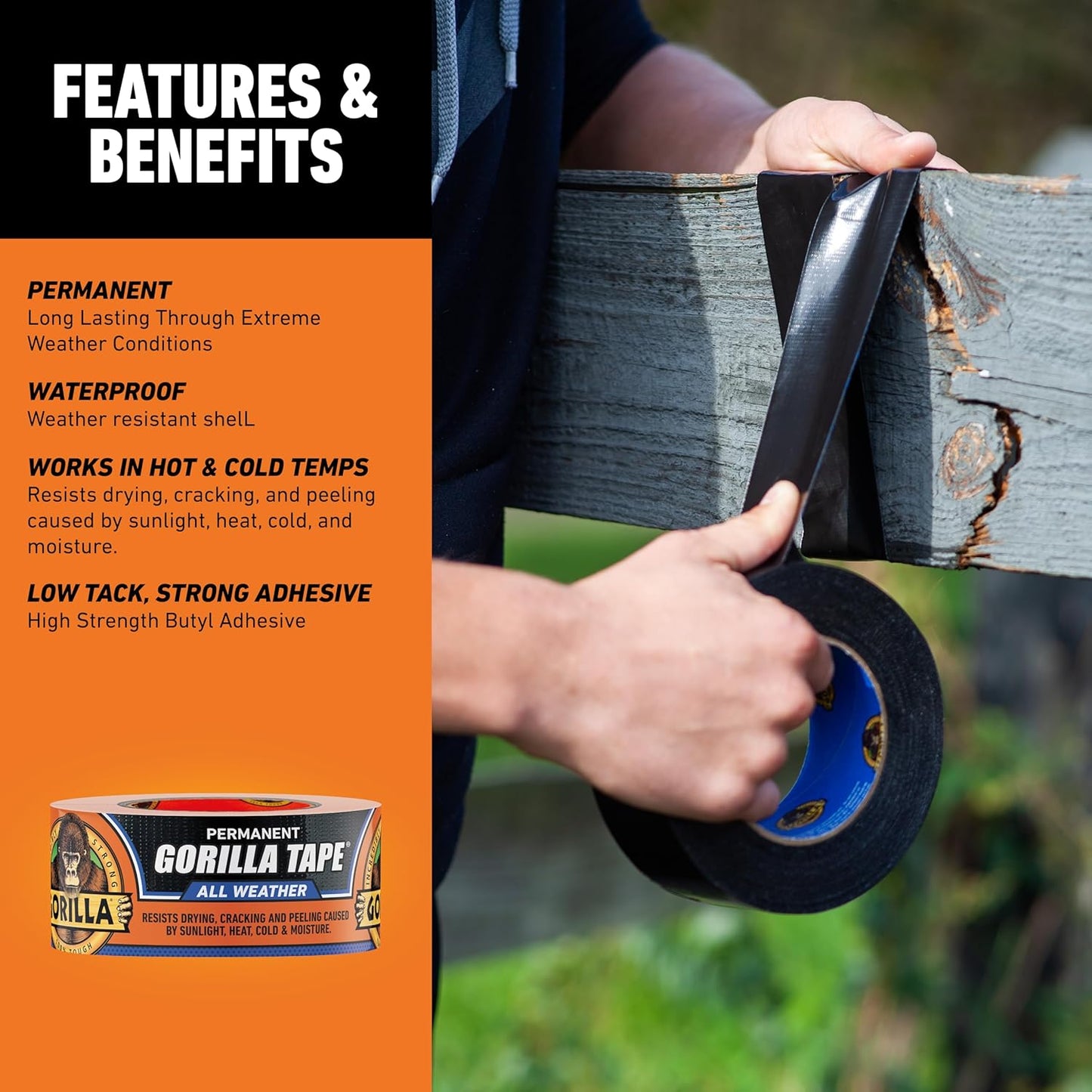 Gorilla All Weather Duct Tape, Black, 1.88" x 25 yd | UV Resistant | Waterproof | For Outdoor Repairs | 2-Pack, Pack of 6