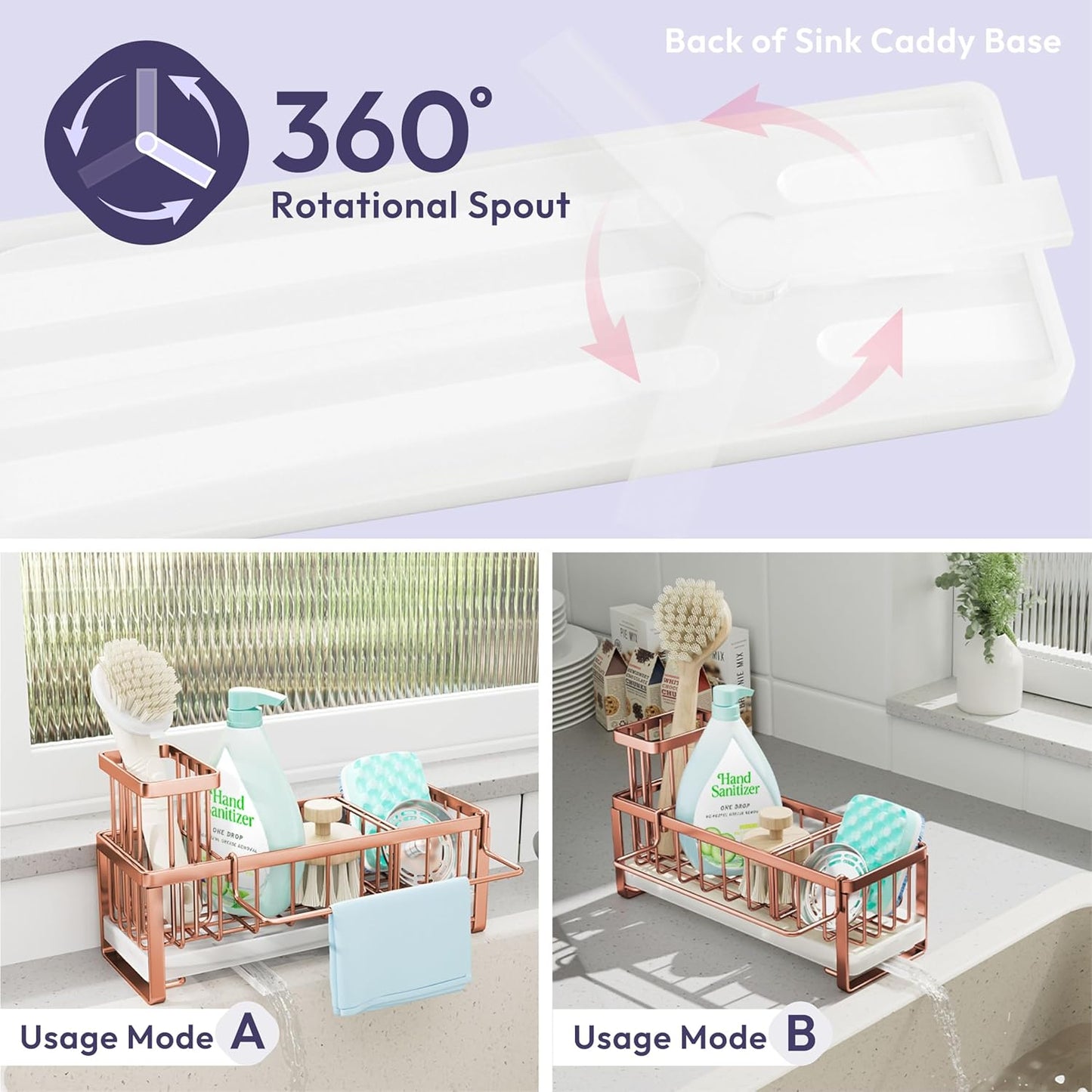 SWTYMIKI Sponge Holder for Kitchen Sink - Sink Caddy with Brush Holder Self-draining Sponge Caddy Organizer with Divider Stainless Steel Kitchen Accessories Storage for Countertop, Rose Gold