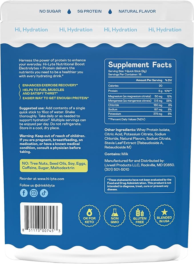 Hi-Lyte Nutritional Boost - Electrolytes + Protein Quick Sticks - Crisp Apple - Hydration + Whey Protein Powder Packets - 5g Protein, Electrolytes, No Sugar, Keto Friendly