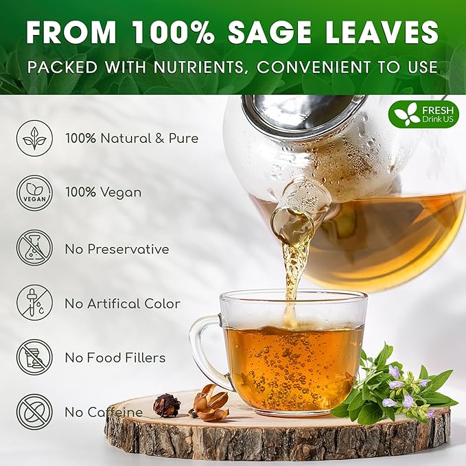 FreshDrinkUS Premium 75 Sage Leaf Tea Bags, 100% Natural & Pure. Loose Leaf Sage Herbal Tea. Made with Natural Material Tea Bags. No Sugar, No Caffeine, No Gluten, Vegan