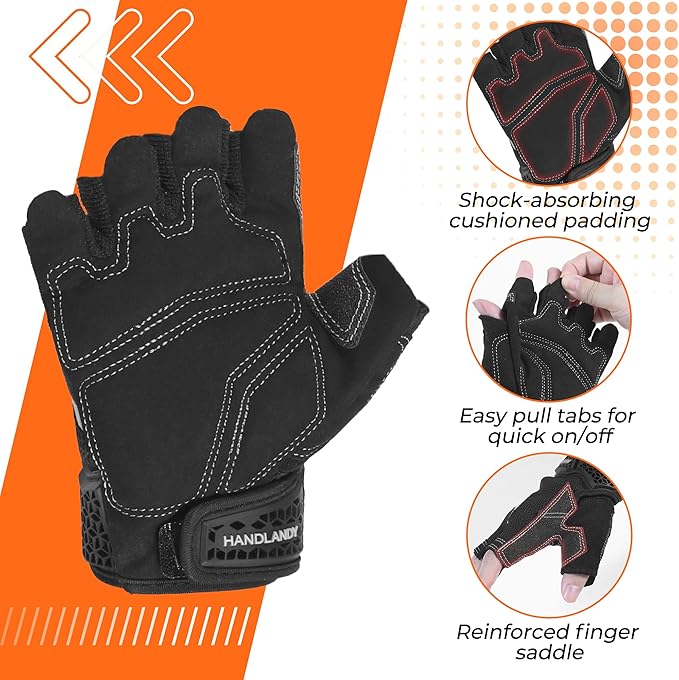 HANDLANDY Fingerless Work Gloves for Men, Half Finger Working Glove Grip Shock-Absorbing Breathable Uwrist TPR Anti-collision Gloves for Mens & Women (Black, L)