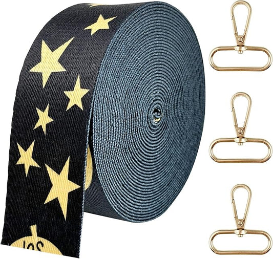 Printed Star Nylon Webbing 1 1/2 inch 6 Yards Heavy Duty Patterned Black Fabric Webbing Luggage Handle Jacquard Ribbon for Backpack Bags-Decorative Supplies-Clothing-Sewing-DIY Crafts & Projects