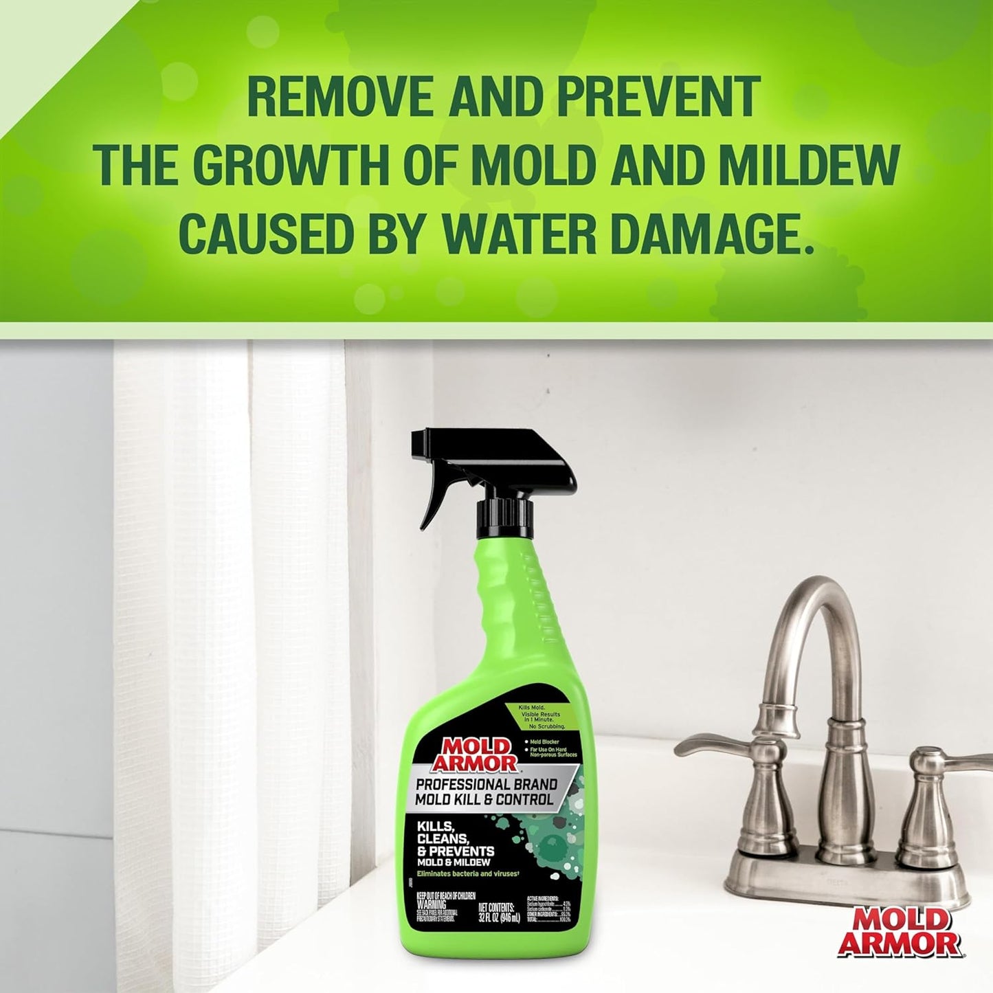 Mold Armor Professional Brand Mold Kill & Control Spray, 32 oz., Hard Surface Mold and Mildew Remover, Visible Results in Minutes, Eliminates Bacteria and Viruses